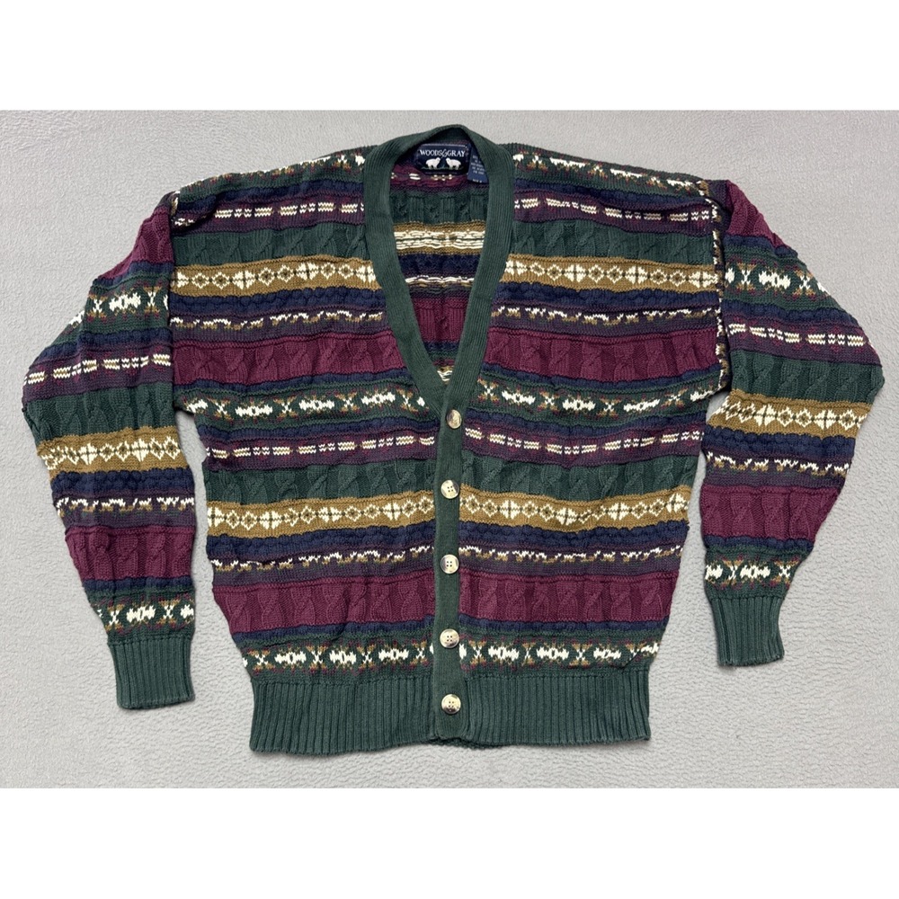 Vintage Woods & Gray Mens L Cable Knit Cardigan Sweater Fisherman Heritage 90s